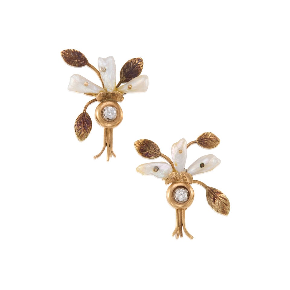 10K GOLD, CULTURED PEARL, AND DIAMOND EARRINGS: 10K GOLD, CULTURED PEARL, AND DIAMOND EARRINGS • 10K yellow gold • Six cultured pearls measuring approximately 8.80mm in length • Two round shaped diamonds weighing approximately 0.2