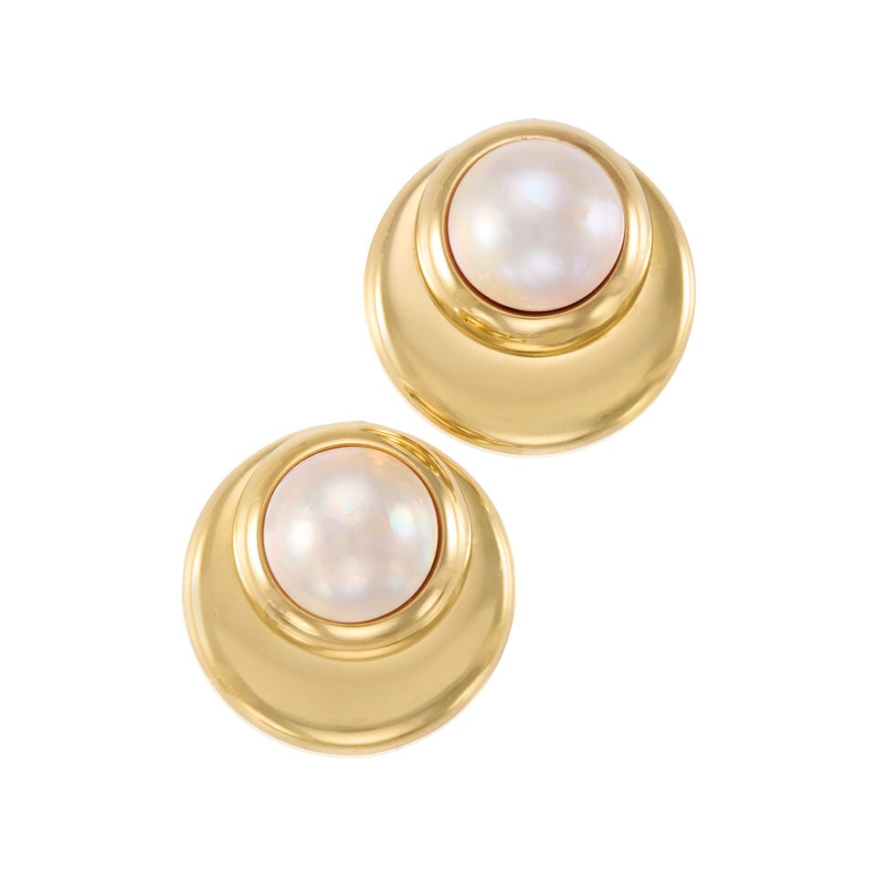 PAIR OF 14K GOLD AND CULTURED PEARL EARRINGS: PAIR OF 14K GOLD AND CULTURED PEARL EARRINGS • 14k yellow gold • 2 cultured pearls measuring approximately 15.5mm in diameter • With maker's mark • Measures 2 in. x 1 1/4