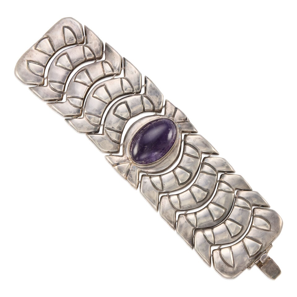 FRED DAVIS: SILVER AND AMETHYST BRACELET: FRED DAVIS: SILVER AND AMETHYST BRACELET • Silver • One oval shaped amethyst measuring approximately 33.40mm x 21.79mm • Partially stamped SILVER and MEXICO • With maker's mark