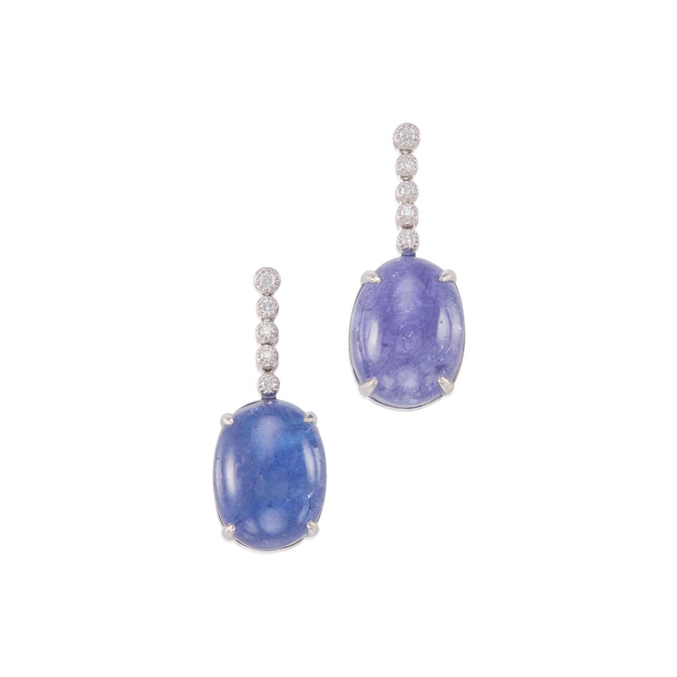 PAIR OF PLATINUM, TANZANITE AND DIAMOND EARRINGS: PAIR OF PLATINUM, TANZANITE AND DIAMOND EARRINGS • Platinum • 10 round diamonds weighing approximately 0.10 - 0.20 carat total • 2 oval cabochon tanzanite weighing approximately