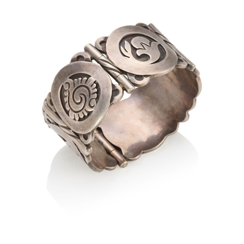HECTOR AGUILAR: SILVER BANGLE BRACELET: HECTOR AGUILAR: SILVER BANGLE BRACELET • Silver • Stamped TAXCO, MEXICO, and .940 • With maker's mark • Inner circumference 6 1/2 in. • Estimated gross weight: 136.8