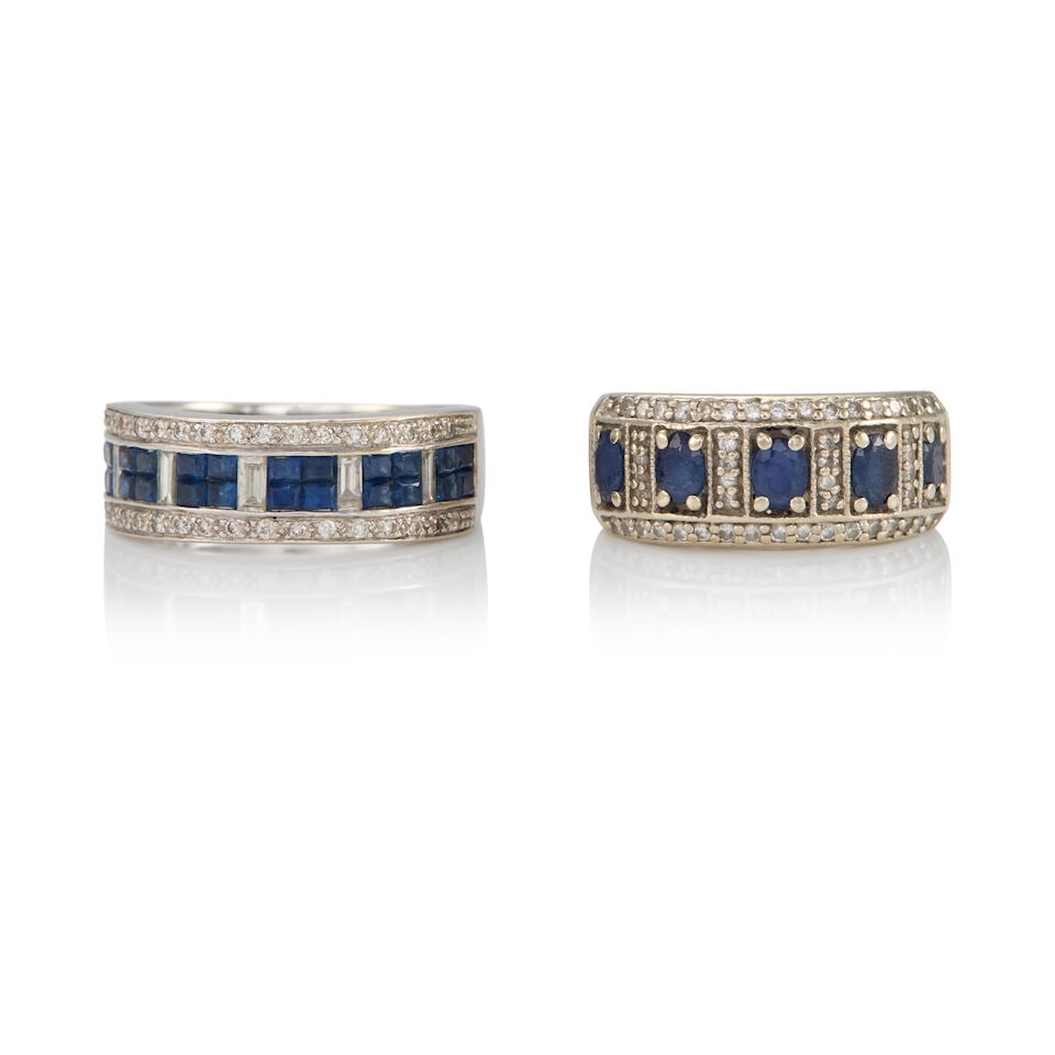 TWO GOLD, SAPPHIRE, AND DIAMOND RINGS: TWO GOLD, SAPPHIRE, AND DIAMOND RINGS • One ring of 18k white gold with numerous square-cut sapphires weighing approximately 1.10 - 1.20 carat total, and numerous round diamonds weighing
