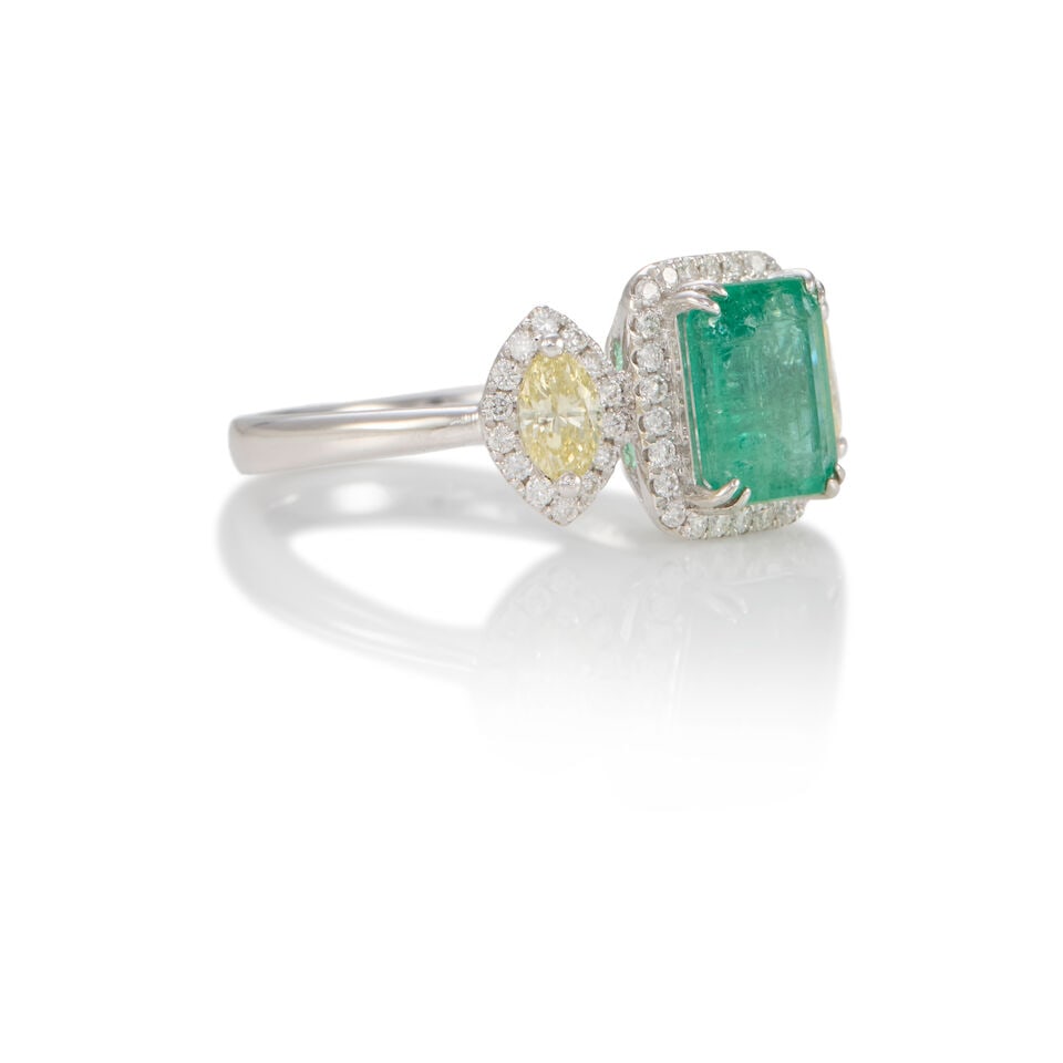 PLATINUM, EMERALD, AND DIAMOND RING - 2