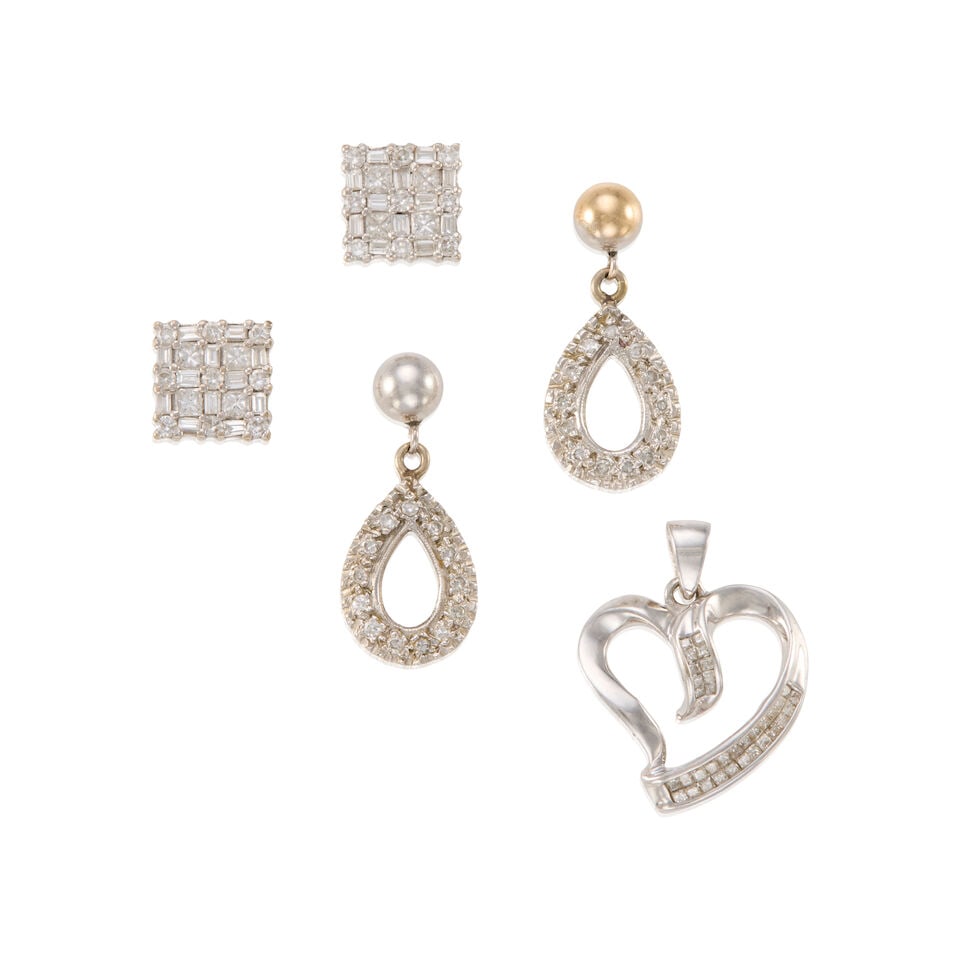 GROUP OF GOLD AND DIAMOND JEWELRY: GROUP OF GOLD AND DIAMOND JEWELRY • Pair of 14K white gold earrings with numerous diamonds weighing approximately 0.10 - 0.20 carat total, measures 3/4 in. x 1/2 in. • One 10K white gold