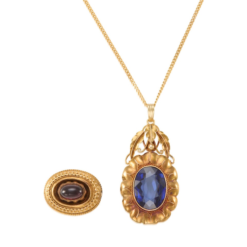 GROUP OF GOLD AND GEM-SET JEWELRY: GROUP OF GOLD AND GEM-SET JEWELRY • One pendant necklace of 14k yellow gold with 1 oval synthetic sapphire, makers mark, length of chain 16 in., pendant measures 1 7/8 in. x 7/8 in. • One