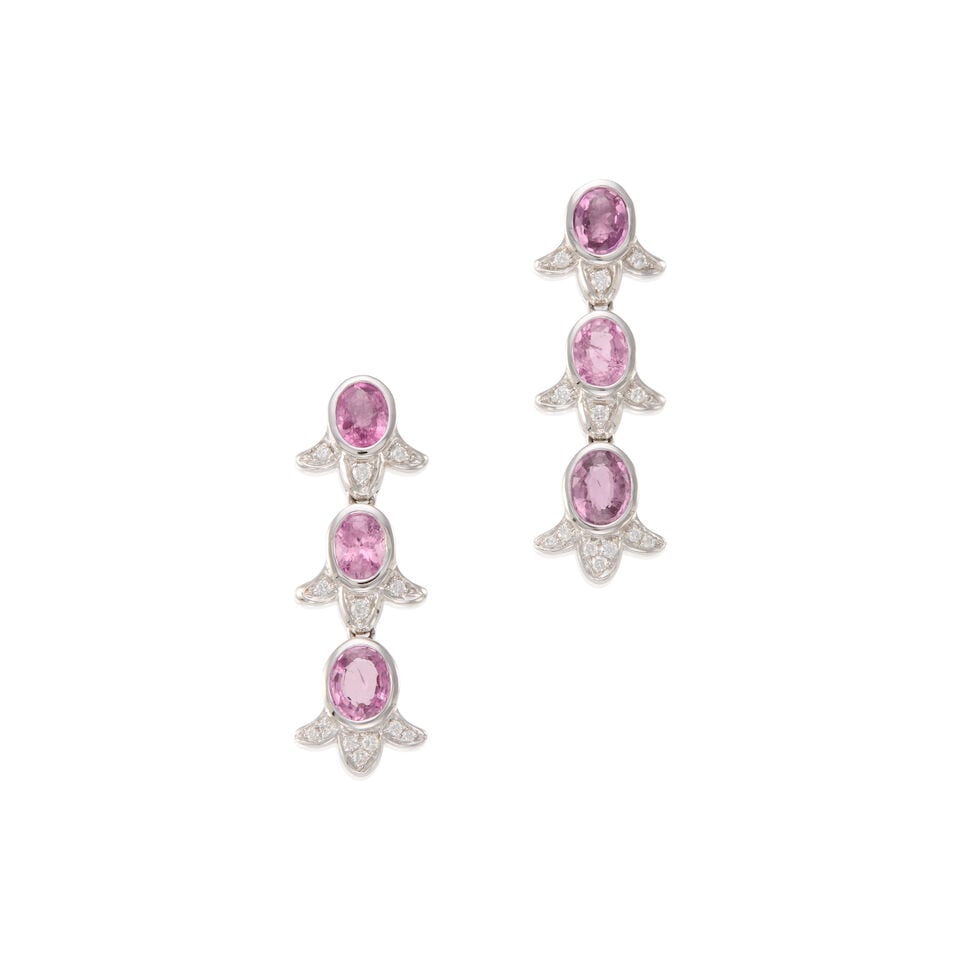 PAIR OF 18K GOLD AND PINK SAPPHIRE EARRINGS: PAIR OF 18K GOLD AND PINK SAPPHIRE EARRINGS • 18k white gold • 6 oval pink sapphires weighing approximately 2.00 - 2.10 carats total • 18 round diamonds weighing approximately 0.05