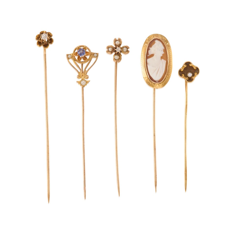 GROUP OF ANTIQUE GOLD STICK PINS: GROUP OF ANTIQUE GOLD STICK PINS • One pin of 14k yellow gold with 1 round cultured pearl measuring approximately 1.95mm in diameter, measures 2 in. x 3/8 in. • One pin of 10k yellow gold