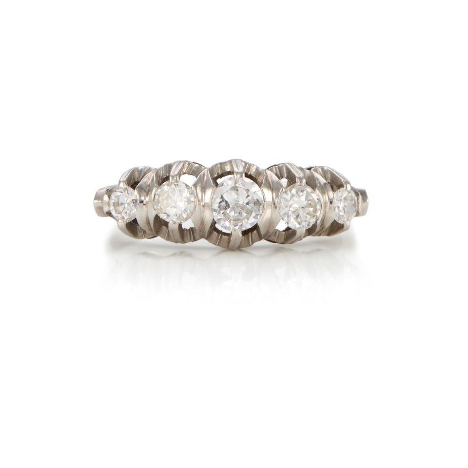 PLATINUM AND DIAMOND RING: PLATINUM AND DIAMOND RING • Platinum • 5 round diamonds weighing approximately 0.75 - 0.85 carat total • Size 7 3/4 • Estimated gross weight: 4.6 grams Footnotes: Overall