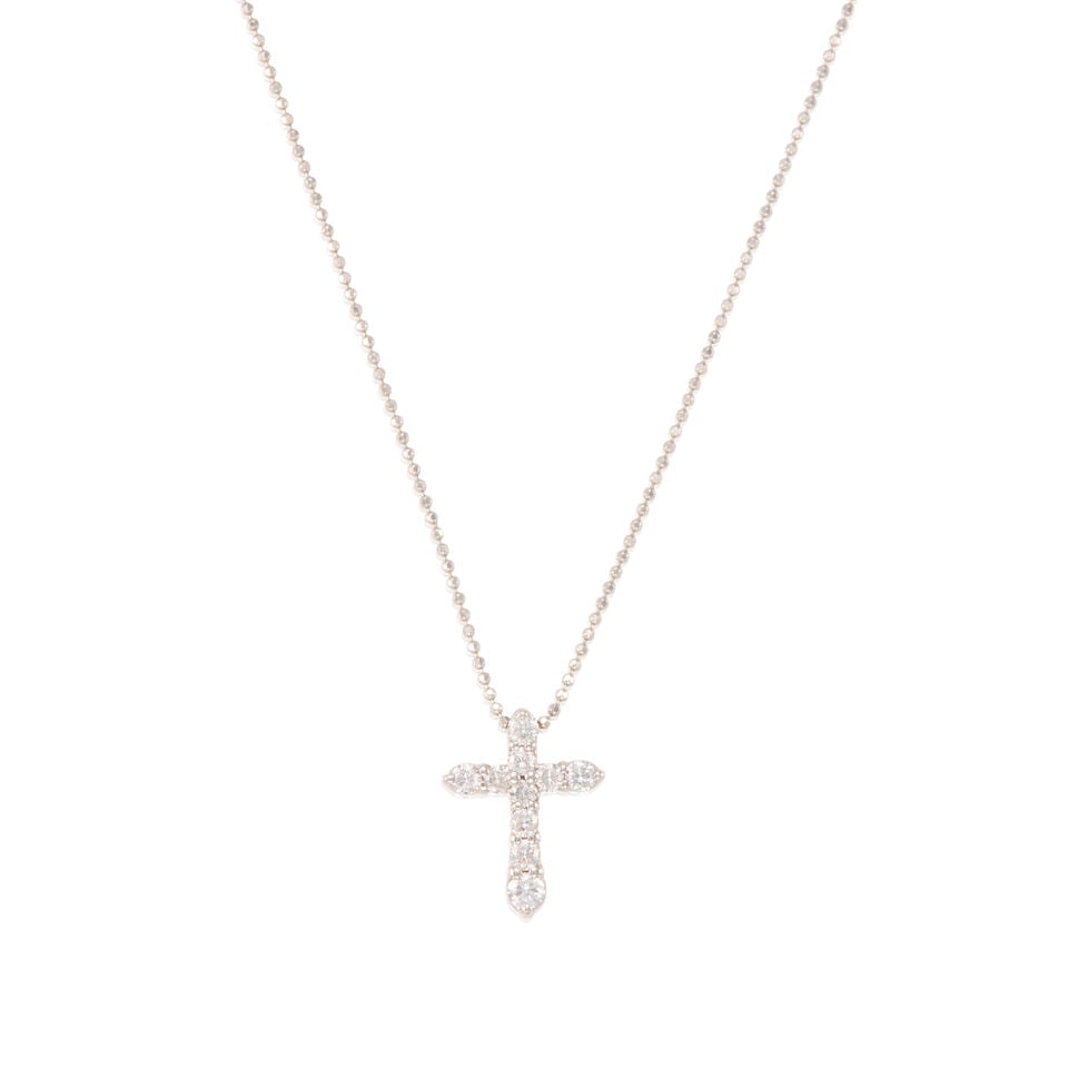 18K GOLD AND PLATINUM CROSS PENDANT NECKLACE: 18K GOLD AND PLATINUM CROSS PENDANT NECKLACE • 18k white gold chain, platinum pendant • 10 round diamonds weighing approximately 0.40 - 0.50 carat total • Length 18 in. pendant