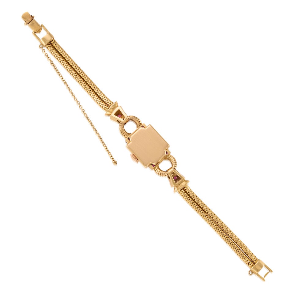 RETRO 18K GOLD AND RUBY WRISTWATCH - 2