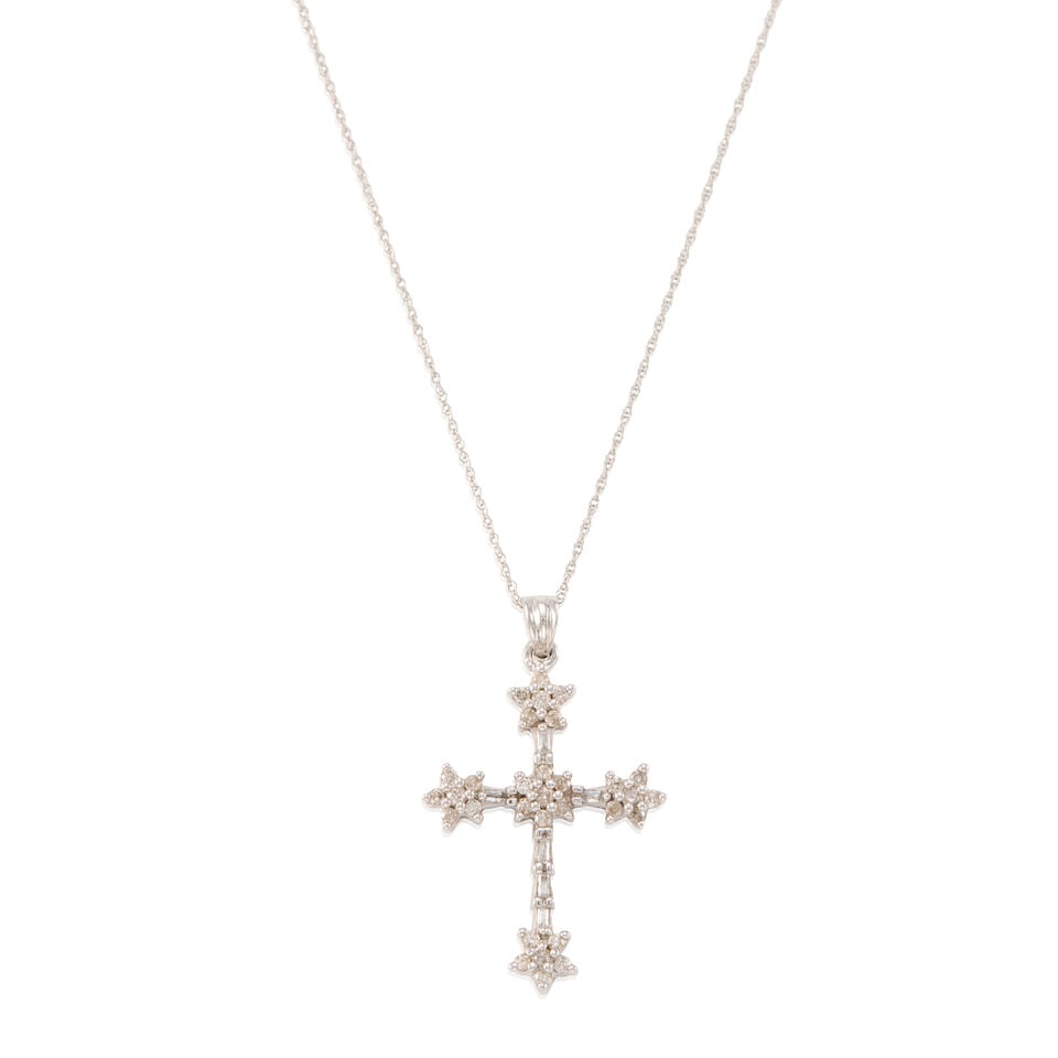 14K GOLD AND DIAMOND CROSS PENDANT NECKLACE: 14K GOLD AND DIAMOND CROSS PENDANT NECKLACE • 14K white gold • Numerous round and rectangular diamonds weighing approximately 0.30 - 0.40 carat total • Pendant measures 1 1/4 in. x 7