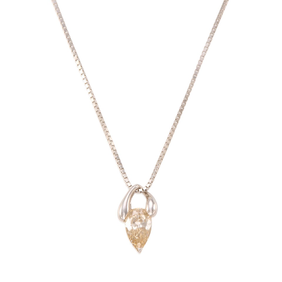 PLATINUM AND DIAMOND PENDANT NECKLACE: PLATINUM AND DIAMOND PENDANT NECKLACE • Platinum • 1 pear-shaped diamond weighing approximately 1.90 - 2.00 carats total • Pendant measures 11/16 in. x 7/15 in. • Chain length