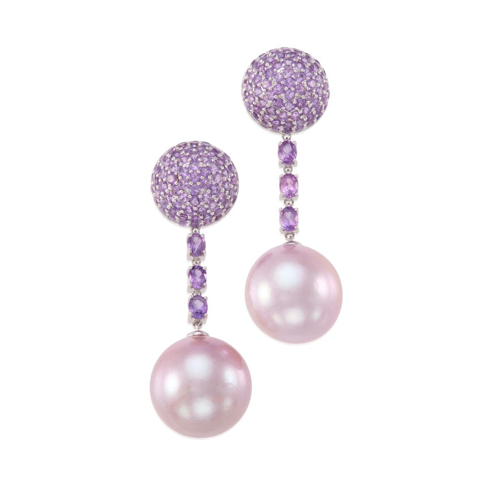 PAIR OF 18K GOLD, CULTURED PEARL AND AMETHYST EARRINGS: PAIR OF 18K GOLD, CULTURED PEARL AND AMETHYST EARRINGS • 18k white gold • Numerous round amethysts weighing approximately 4.15 -4.25 carat total • 2 round cultured pearls measuring a