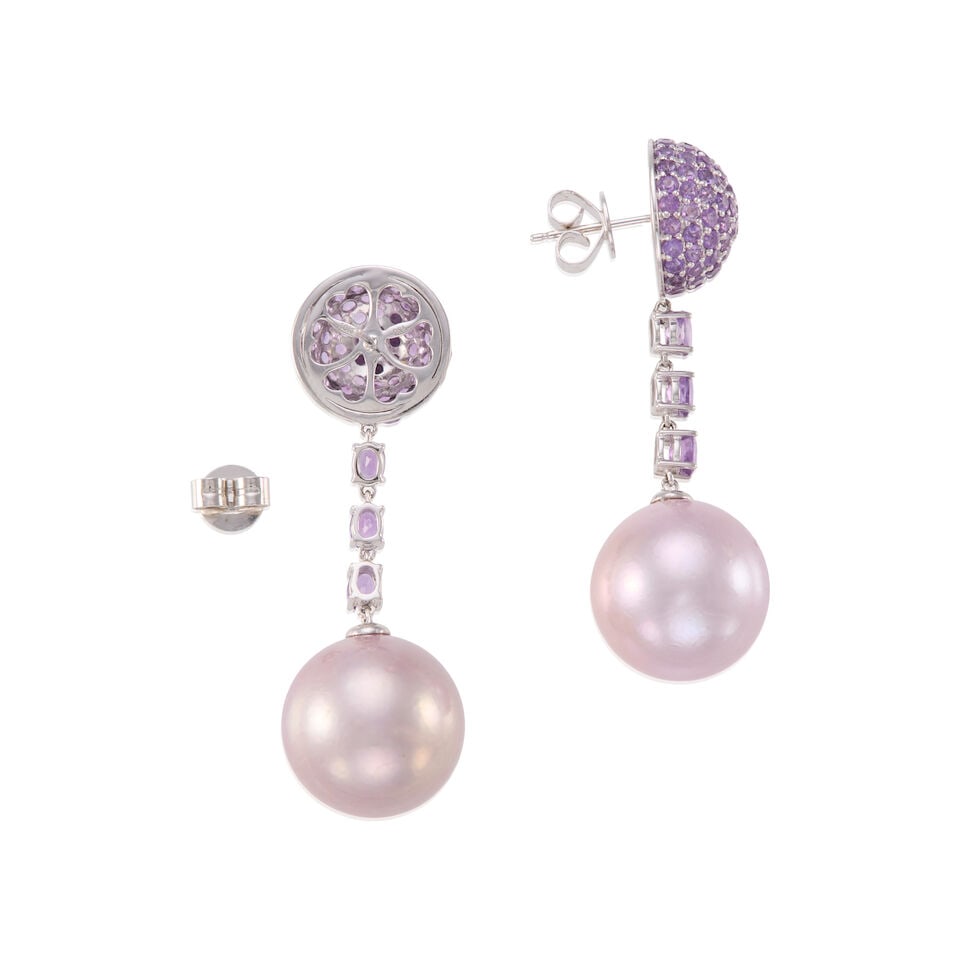 PAIR OF 18K GOLD, CULTURED PEARL AND AMETHYST EARRINGS - 2