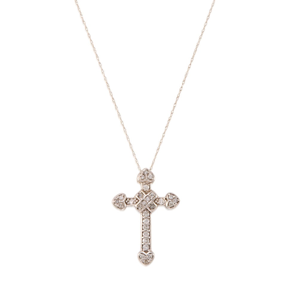14K GOLD AND DIAMOND CROSS PENDANT NECKLACE: 14K GOLD AND DIAMOND CROSS PENDANT NECKLACE • 14k white gold • Numerous round diamonds weighing approximately 0.25 - 0.40 carat total • Length 18 1/8 in., pendant measures 1 1/8 x 13