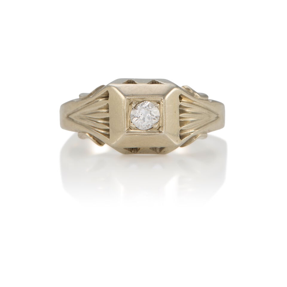 18K GOLD AND DIAMOND RING: 18K GOLD AND DIAMOND RING • 18k white gold • 1 old mine-cut diamond weighing approximately 0.15 - 0.25 carat total • Size 9 • Estimated gross weight: 5.8