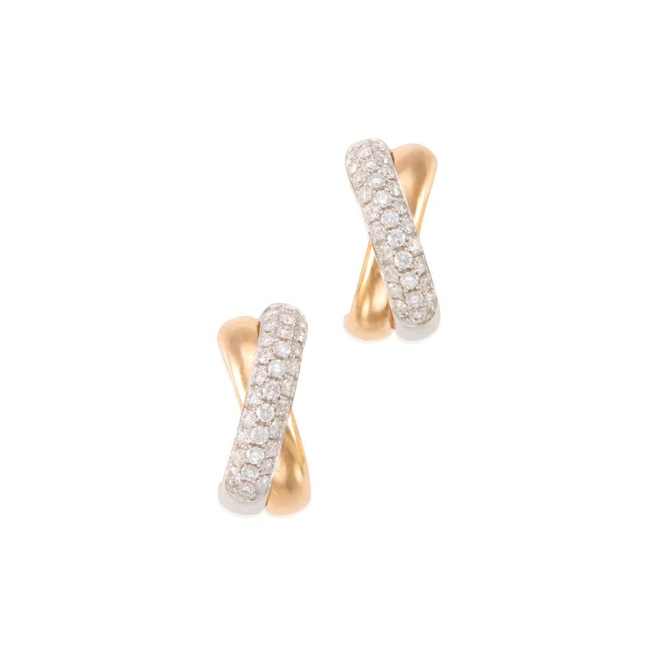 PAIR OF 18K BICOLOR GOLD AND DIAMOND EARRINGS: PAIR OF 18K BICOLOR GOLD AND DIAMOND EARRINGS • 18k white and rose gold • Numerous round diamonds weighing approximately 0.65 - 0.75 carat total • Signed BIRKS • Measures 3/4