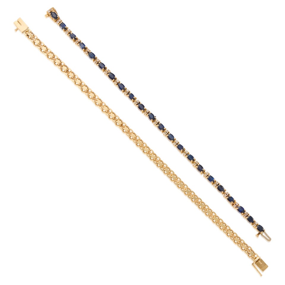 TWO 14K GOLD BRACELETS: TWO 14K GOLD BRACELETS • One bracelet of 14k yellow gold with numerous oval sapphires weighing approximately 8.50 - 8.80 carats total and numerous round diamonds weighing approximately 0.45 -