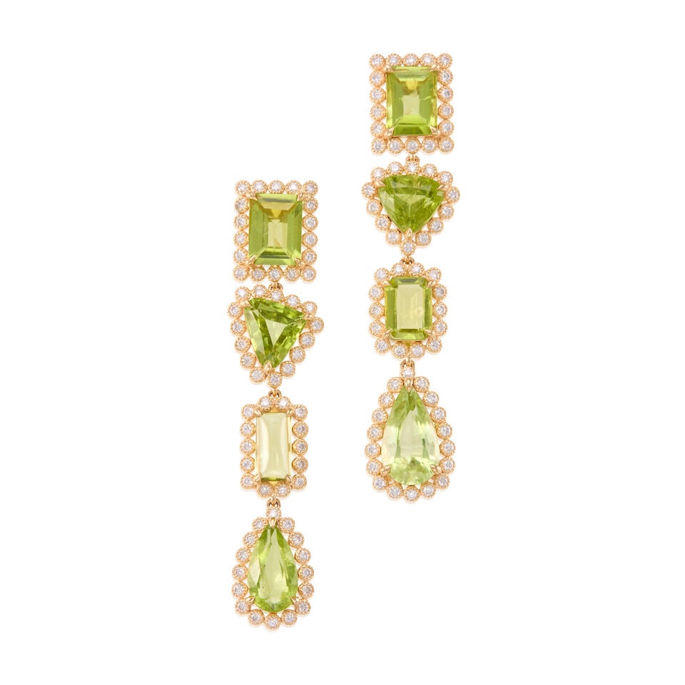 PAIR OF 14K GOLD, PERIDOT AND DIAMOND EARRINGS: PAIR OF 14K GOLD, PERIDOT AND DIAMOND EARRINGS • 14k yellow gold • 8 various shaped peridots weighing approximately 10.75 - 10.85 carat total • Numerous round diamonds weighing
