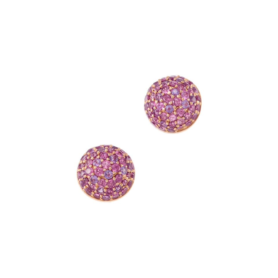 PAIR OF 18K GOLD AND GEM-SET EARRINGS: PAIR OF 18K GOLD AND GEM-SET EARRINGS • 18k rose gold • Numerous round garnets weighing approximately 1.30 - 1.40 carat total • Numerous round amethysts weighing approximately 1.30