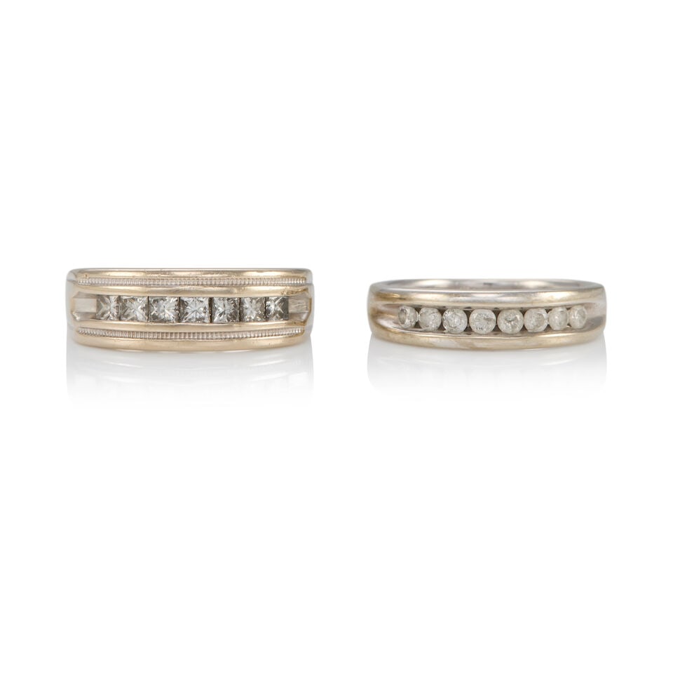 TWO GOLD AND DIAMOND RINGS: TWO GOLD AND DIAMOND RINGS • One ring of 14k white gold with 7 square-cut diamonds weighing approximately 0.45 - 0.55 carat total, maker's mark, size 10 3/4 • One ring of 10k white gold