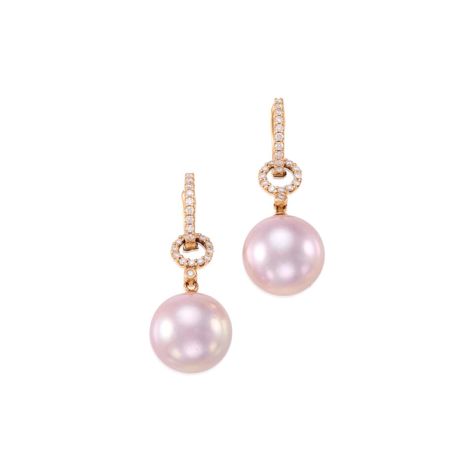 PAIR OF 18K GOLD, CULTURED PEARL AND DIAMOND EARRINGS: PAIR OF 18K GOLD, CULTURED PEARL AND DIAMOND EARRINGS • 18k rose gold • Numerous round diamonds weighing approximately 0.20 - 0.30 carat total • 2 round cultured pearls measuring app