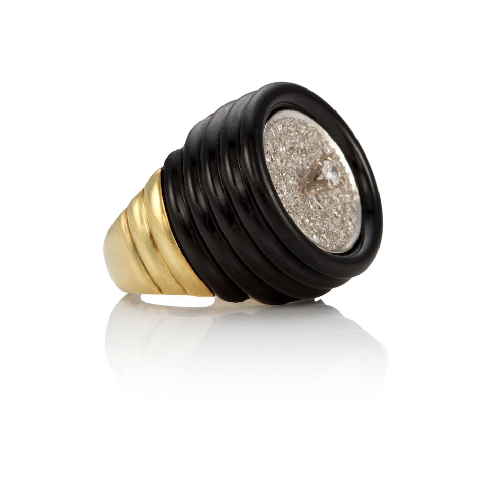 14K BICOLOR GOLD, DIAMOND AND ONYX RING - 2
