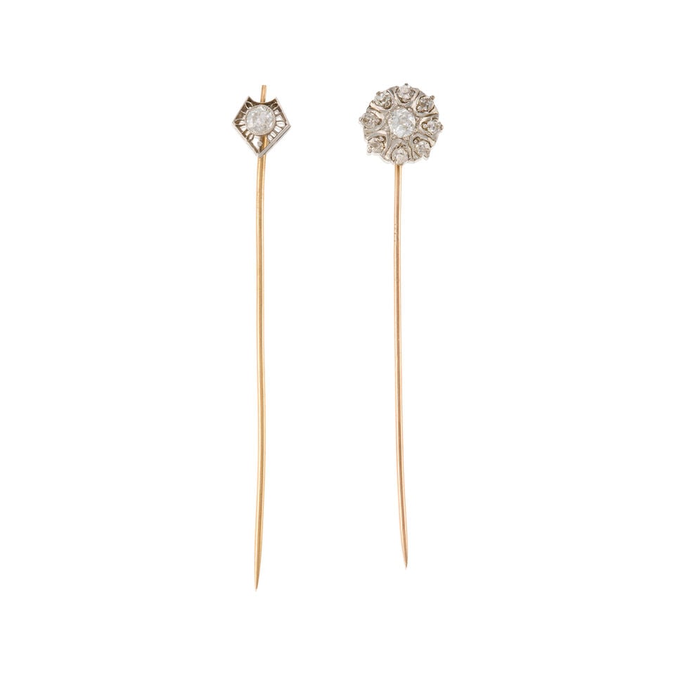 ANTIQUE GOLD AND DIAMOND STICK PINS: ANTIQUE GOLD AND DIAMOND STICK PINS • One pin of 10k rose gold and platinum with 9 old European/mine-cut diamonds weighing approximately 0.75 - 0.85 carat total, measures 2 3/4 x 1/2 in.