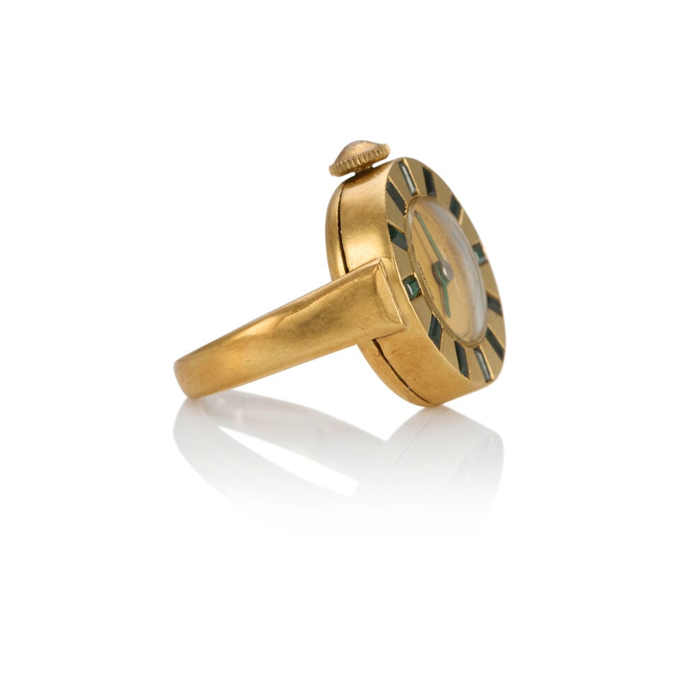 BUCHERER: VINTAGE 18K GOLD AND SYNTHETIC EMERALD WATCH RING - 3