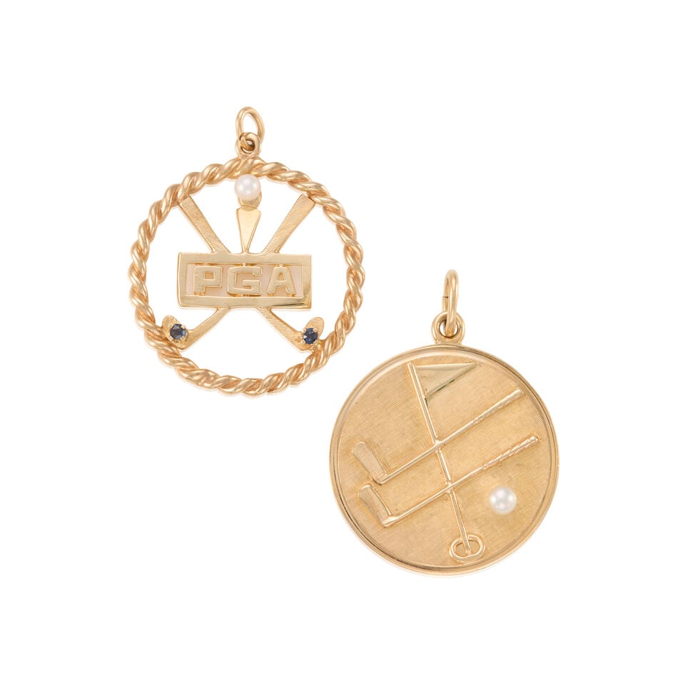 TWO 14K GOLD CHARM/PENDANTS: TWO 14K GOLD CHARM/PENDANTS • One pendant of 14k yellow gold with 1 round cultured pearl measuring approximately 3.67mm in diameter, personal inscription on the back, measures 1 1/8 x 1 1/8 in.