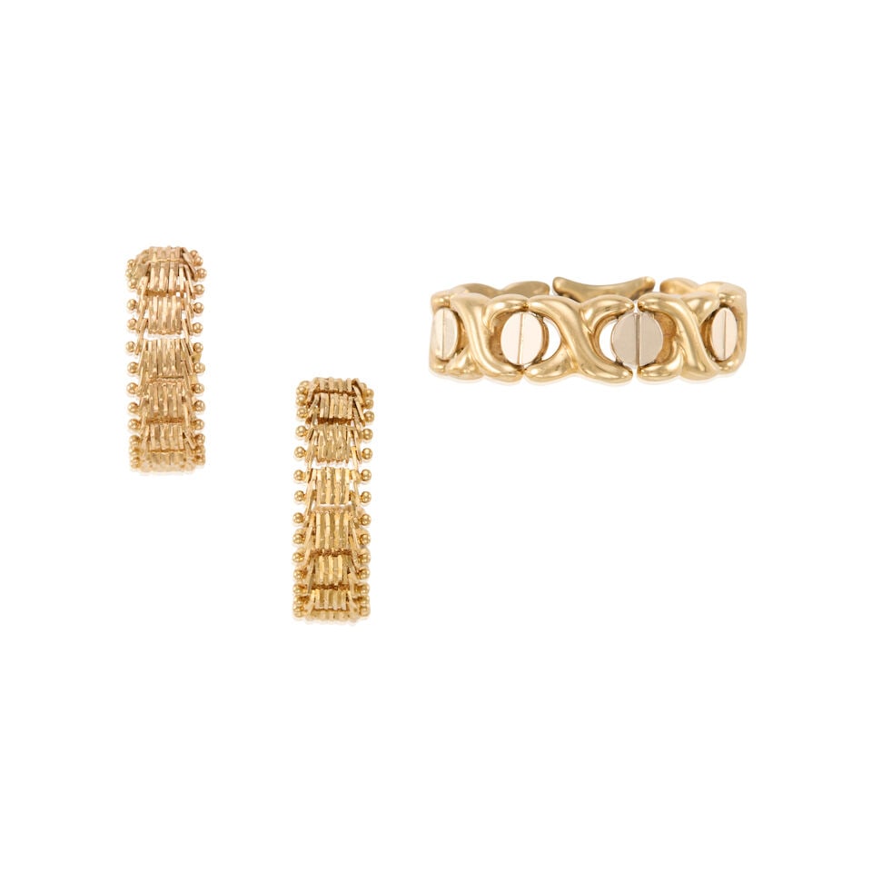 GROUP OF 14K GOLD JEWELRY: GROUP OF 14K GOLD JEWELRY • Pair of earrings of 14k yellow gold, maker's mark, measures 3/4 x 3/4 in. • One ring of 14k yellow and white gold, maker's mark, size 10 3/4 in. •