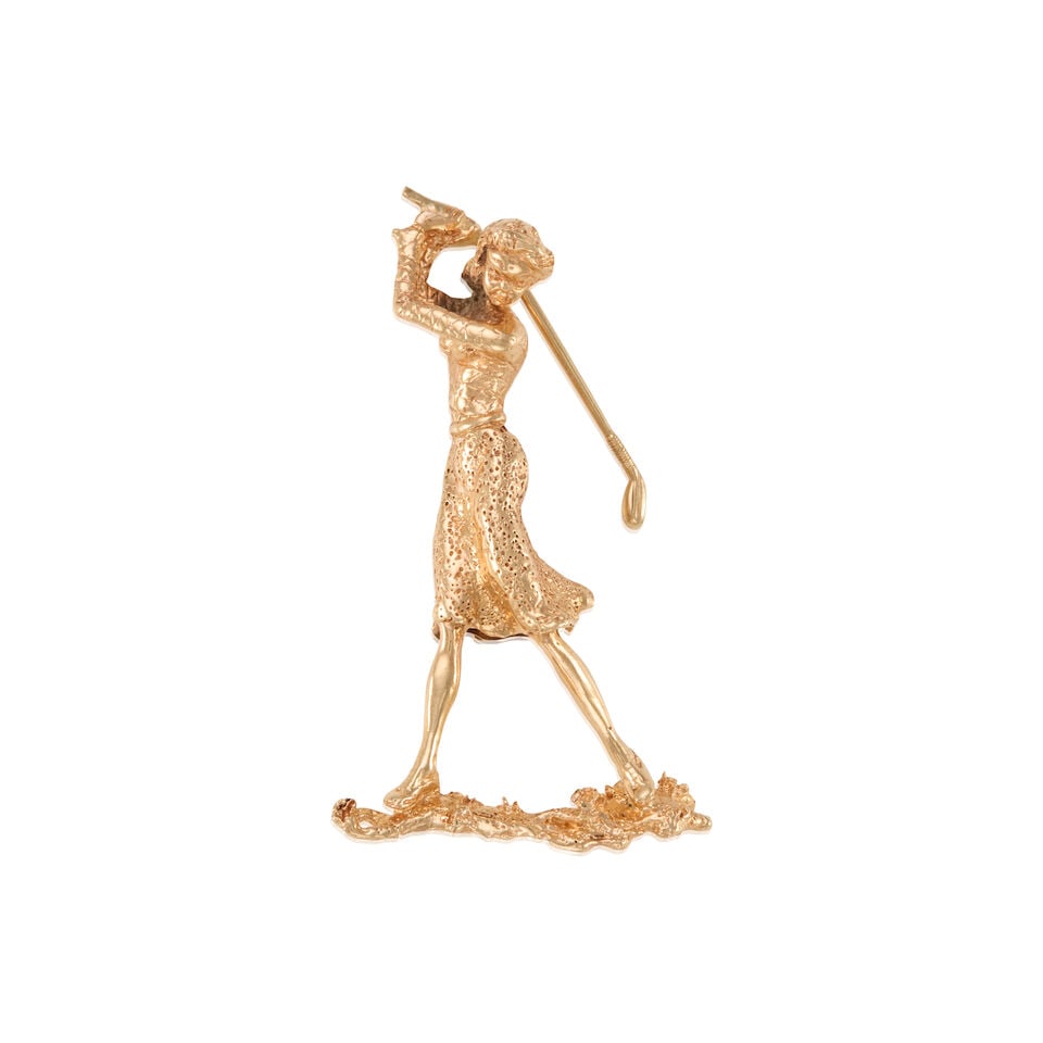 WILLIAM RUSER: 14K GOLD BROOCH: WILLIAM RUSER: 14K GOLD BROOCH • 14k yellow gold • Personal inscription on back of brooch • Signed Ruser • Measures 2 x 1 1/4 in. • Estimated gross weight: 12.0