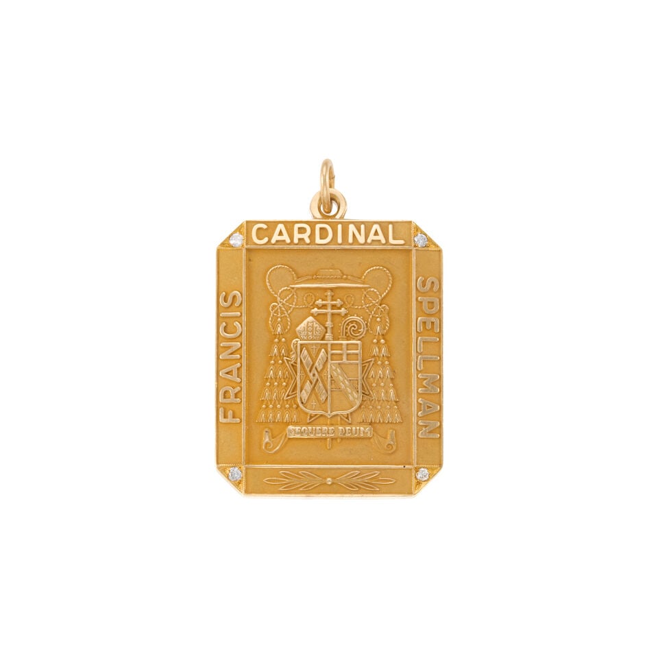 14K GOLD AND DIAMOND PENDANT: 14K GOLD AND DIAMOND PENDANT • 14k yellow gold • 4 round diamonds weighing approximately 0.05 - 0.10 carat total • Personal inscription on back of pendant • Measures 1 5/16 x 1