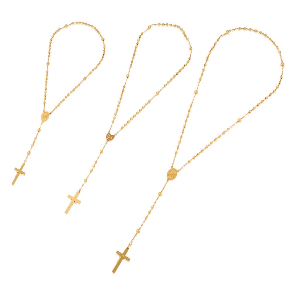 THREE GOLD ROSARY NECKLACES - 2