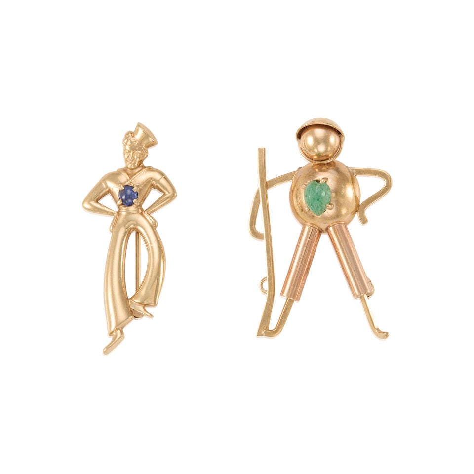 FORSTNER: TWO 10K GOLD AND GEM-SET BROOCHES: FORSTNER: TWO 10K GOLD AND GEM-SET BROOCHES • One brooch of 10k yellow gold with 1 near round sapphire weighing approximately 0.10 - 0.20 carat, signed FORSTNER, measures 1 3/4 x 3/4