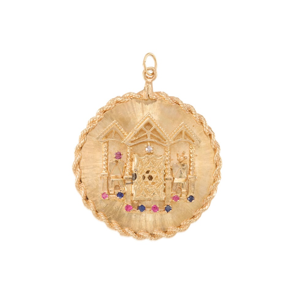 14K GOLD AND GEM-SET PENDANT: 14K GOLD AND GEM-SET PENDANT • 14k yellow gold • 9 round pink/red and blue stones measuring approximately 1.90mm • 1 round diamond weighing approximately 0.02 carat • Hinged do