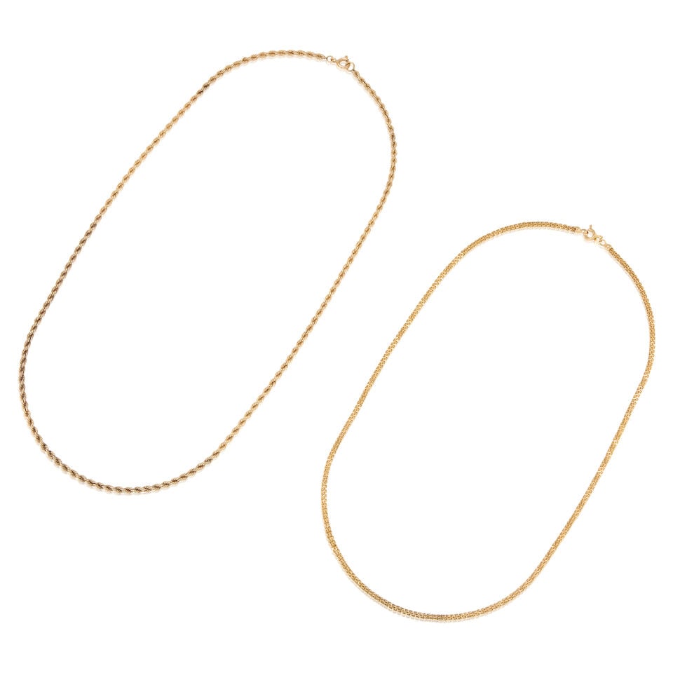 TWO 14K GOLD NECKLACES: TWO 14K GOLD NECKLACES • 14k yellow gold • Length 18 in. and 20 1/4 in. • Estimated gross weight: 21.3 grams Footnotes: Overall condition, very good Metal stamped and tested for 14k