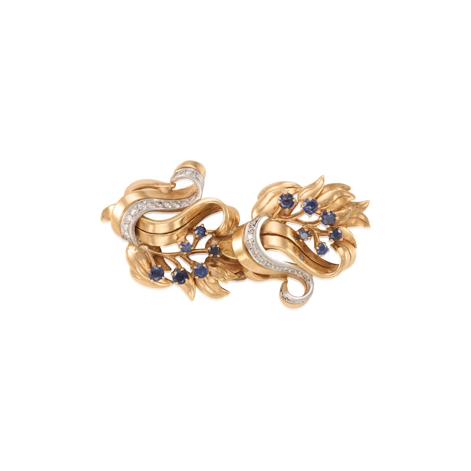 14K GOLD, DIAMOND AND SAPPHIRE BROOCH: 14K GOLD, DIAMOND AND SAPPHIRE BROOCH • 14k yellow and white gold • Numerous round diamonds weighing approximately 0.20 - 0.35 carat total • 12 round sapphires weighing