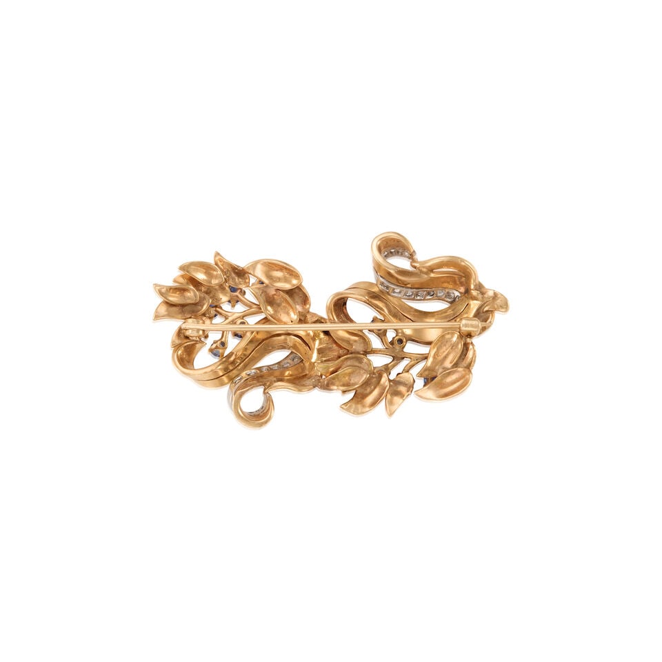 14K GOLD, DIAMOND AND SAPPHIRE BROOCH - 2