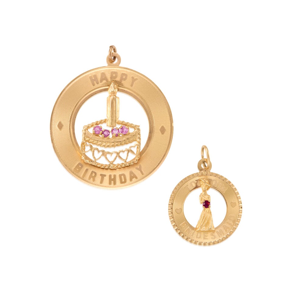 TWO 14K GOLD CHARM/PENDANTS: TWO 14K GOLD CHARM/PENDANTS • 14k yellow gold • Personal inscriptions on both pendants on front and back sides • 4 round pink sapphires weighing approximately 0.10 - 0.20 carat