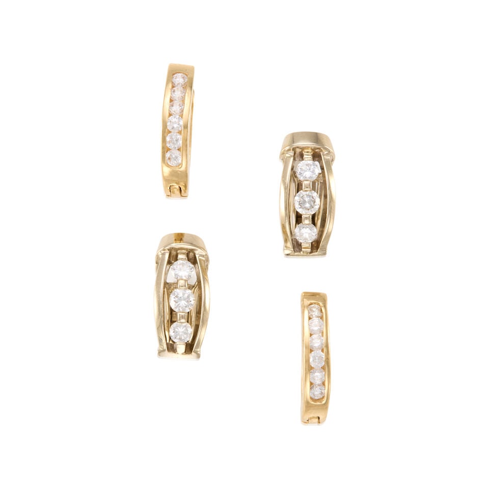 TWO PAIRS OF GOLD AND DIAMOND EARRINGS: TWO PAIRS OF GOLD AND DIAMOND EARRINGS • Pair of earrings of 14k yellow gold with 12 round diamonds weighing approximately 0.35 - 0.45 carat total, measures 5/8 x 1/8 in. • Pair of