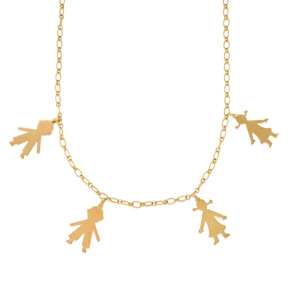 18K GOLD CHARM NECKLACE: 18K GOLD CHARM NECKLACE • 18k yellow gold chain and charms • Personal inscriptions on back of charms • Length 32 3/4 in, charms measure 1 1/2 x 1 1/8 in. • Estimated gross