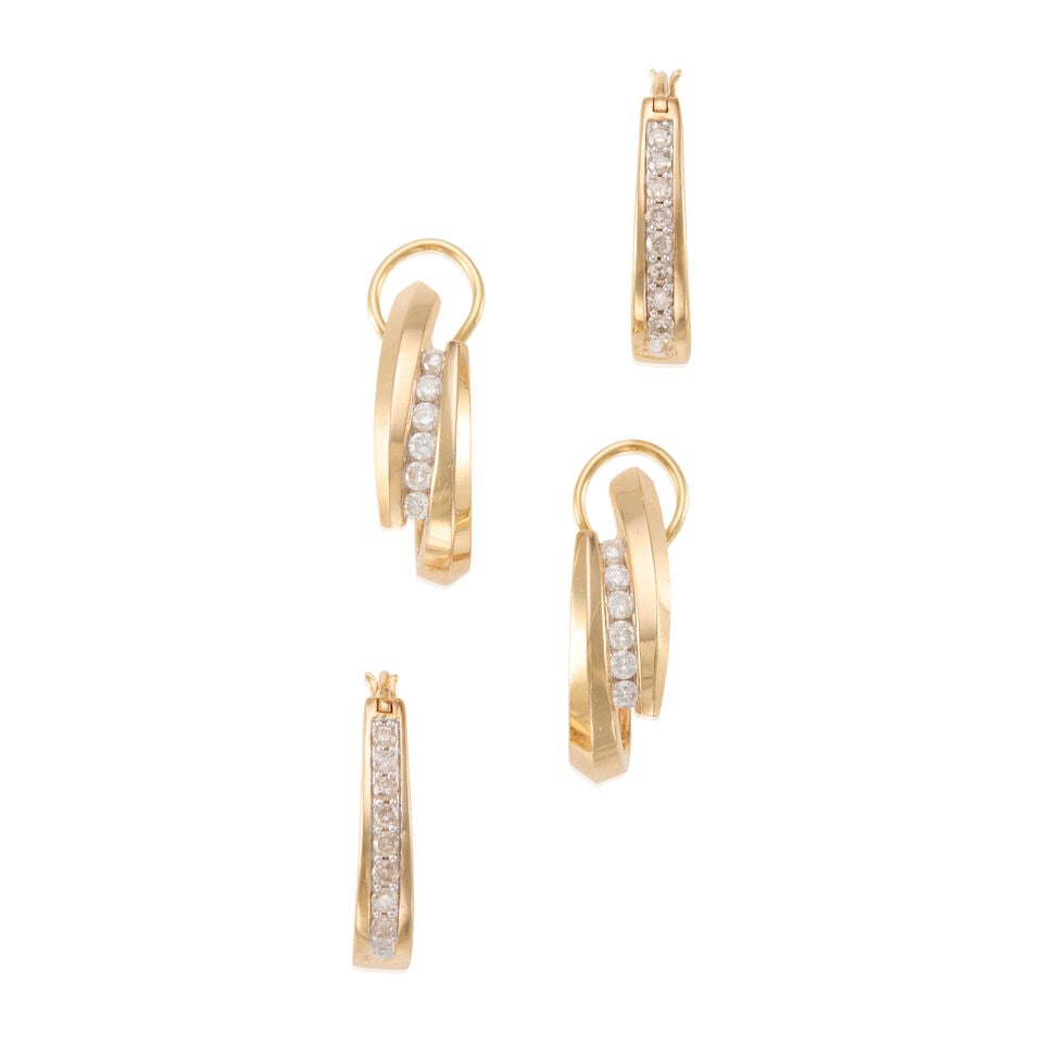 TWO PAIRS OF 14K GOLD AND DIAMOND EARRINGS: TWO PAIRS OF 14K GOLD AND DIAMOND EARRINGS • One pair of earrings of 14k yellow gold with 12 round diamonds weighing approximate 0.45 - 0.55 carat total, measures 15/16 x 5/16 in. • One