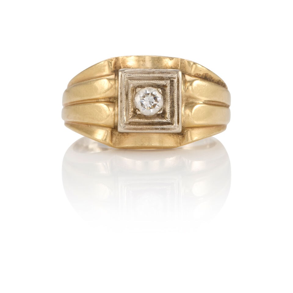 14K BICOLOR GOLD AND DIAMOND RING: 14K BICOLOR GOLD AND DIAMOND RING • 14k yellow and white gold • 1 round diamond weighing approximately 0.20 carat total • Size 6 • Estimated gross weight: 8.0 grams Footnotes: 
