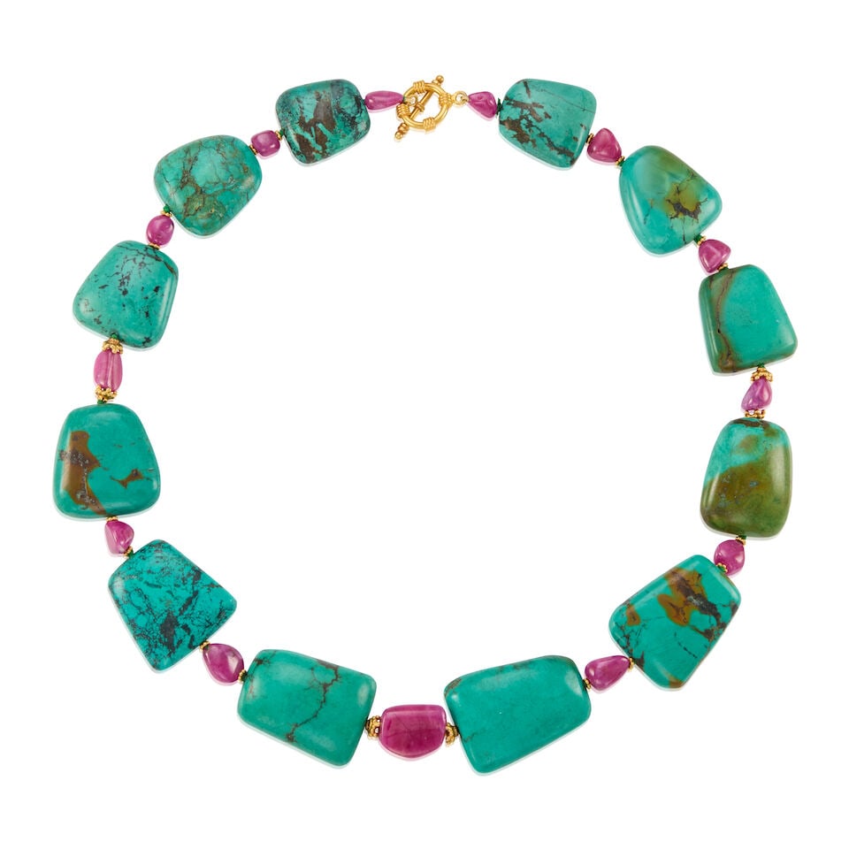 18K GOLD, TURQUOISE AND RUBY NECKLACE: 18K GOLD, TURQUOISE AND RUBY NECKLACE • 18k yellow gold • 12 turquoise beads measuring approximately 23.70mm - 34.00mm • 13 tumbled ruby beads measuring approximately 8.80mm -