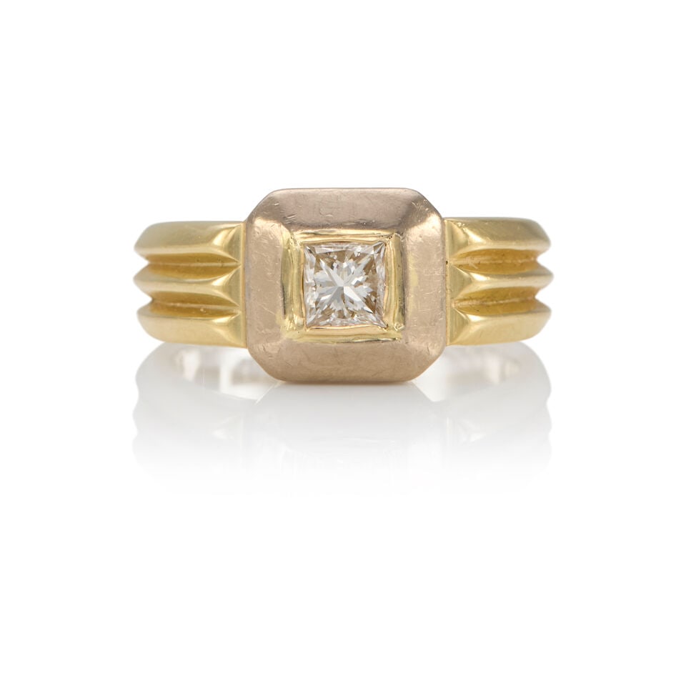 14K BICOLOR GOLD AND DIAMOND RING: 14K BICOLOR GOLD AND DIAMOND RING • 14k yellow and white gold • 1 square-cut diamond weighing approximately 0.25 - 0.35 carat total • Maker's mark • Size 8 • Estimated gr