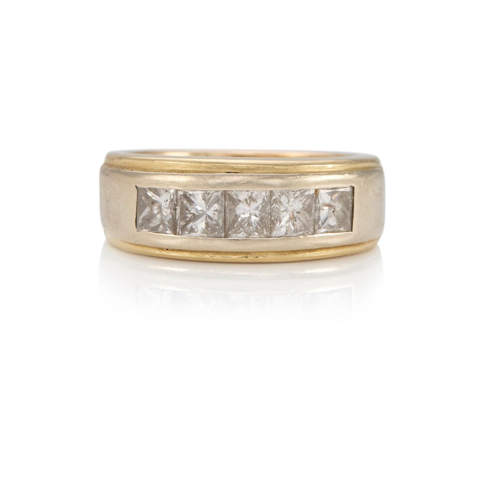 14K BICOLOR GOLD AND DIAMOND RING: 14K BICOLOR GOLD AND DIAMOND RING • 14k yellow and white gold • 5 square-cut diamonds weighing approximately 1.20 - 1.30 carat total • Size 7 3/4 • Estimated gross weight: