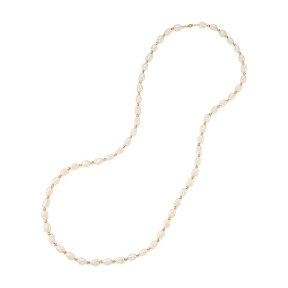 14K GOLD AND CULTURED PEARL NECKLACE: 14K GOLD AND CULTURED PEARL NECKLACE • 14k yellow gold • Numerous baroque cultured pearls measuring approximately 9.70mm x 6.20mm • Length 28 in. • Estimated gross weight: