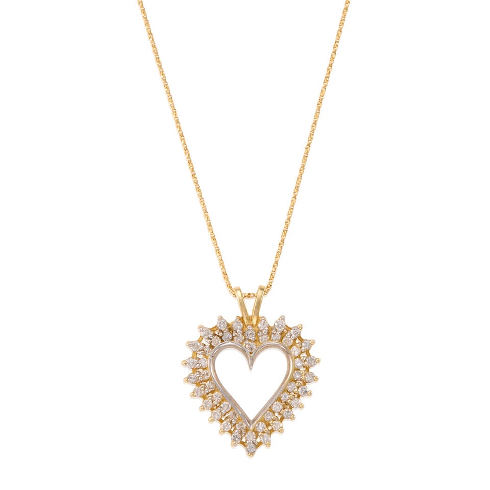 14K GOLD AND DIAMOND HEART PENDANT NECKLACE: 14K GOLD AND DIAMOND HEART PENDANT NECKLACE • 14k yellow and white gold • Numerous round diamonds weighing approximately 0.90 - 1.00 carat total • Length 20 1/4 in. pendant measures 
