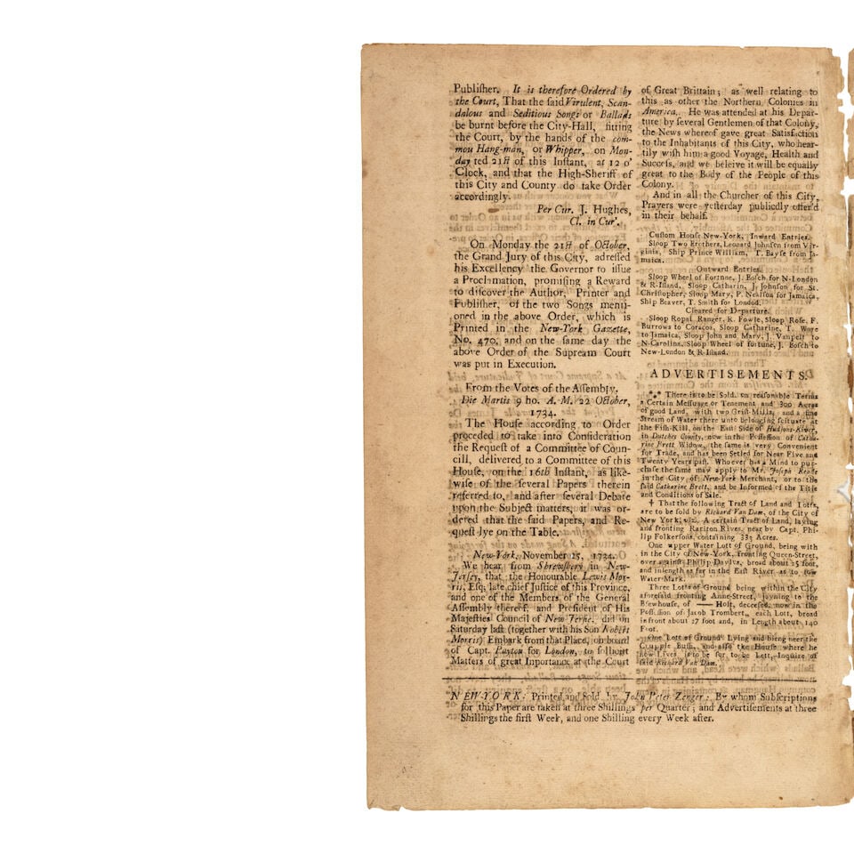 Zenger's Apology -- Liberty of the Press. The New-York Weekly Journal. New York: John Peter Zen... - 2